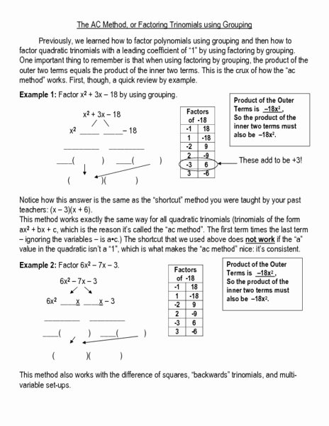 Factoring by Grouping Worksheet Answers Lovely the Ac Method or Factoring Trinomials Using Grouping