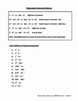 Factoring Difference Of Squares Worksheet Inspirational Polynomials Factoring Patterns Difference Of Squares