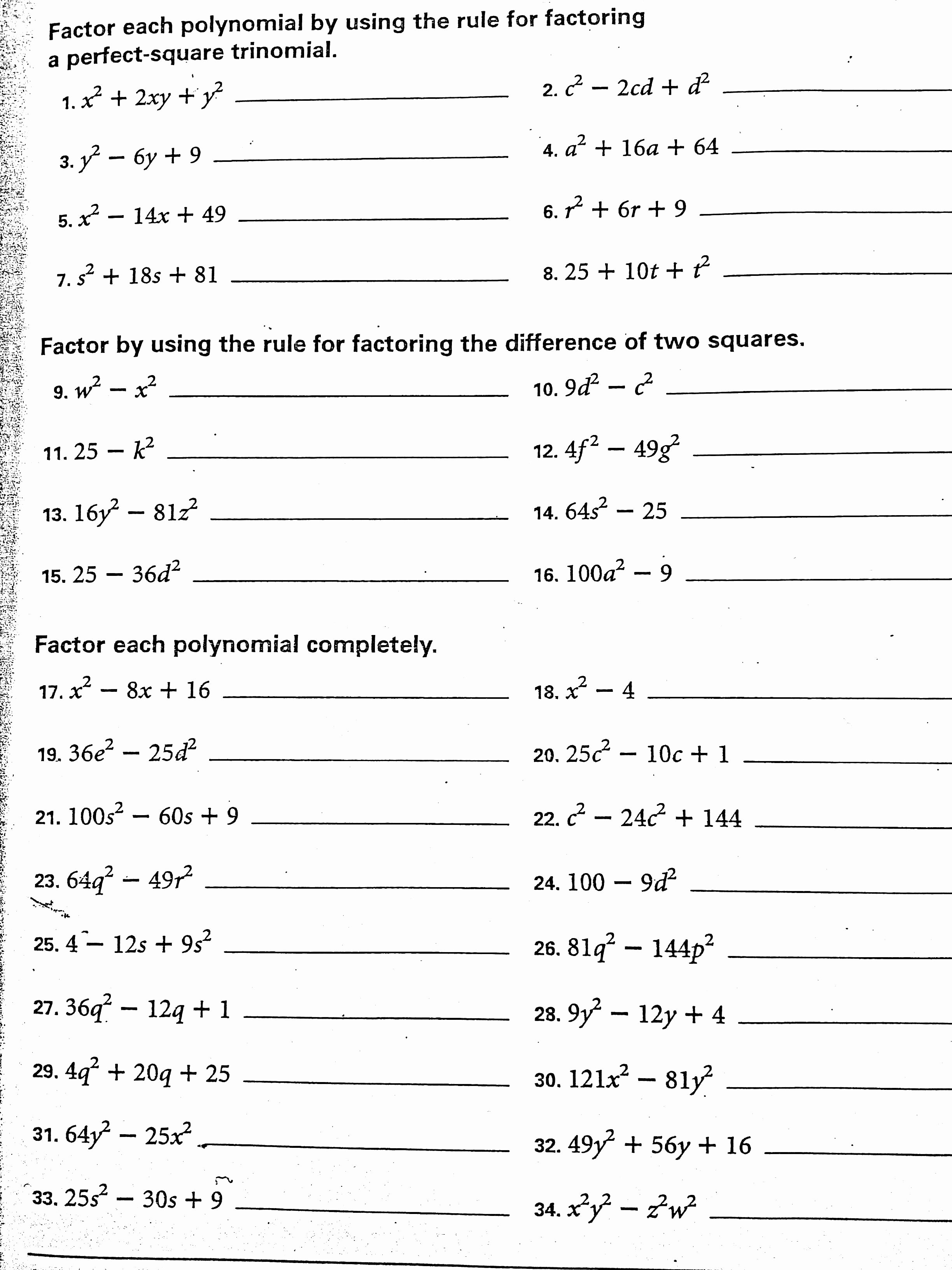 Factoring Difference Of Squares Worksheet New Algebra 1 assignments Swenson Math