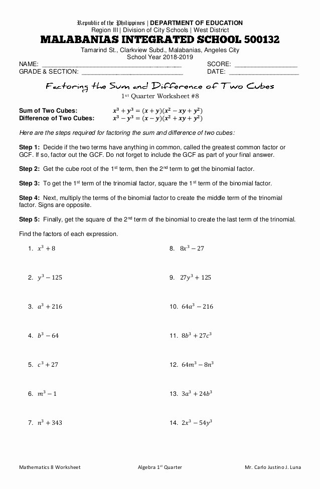 Factoring Difference Of Squares Worksheet Unique Factoring the Sum and Difference Of Two Cubes Worksheet