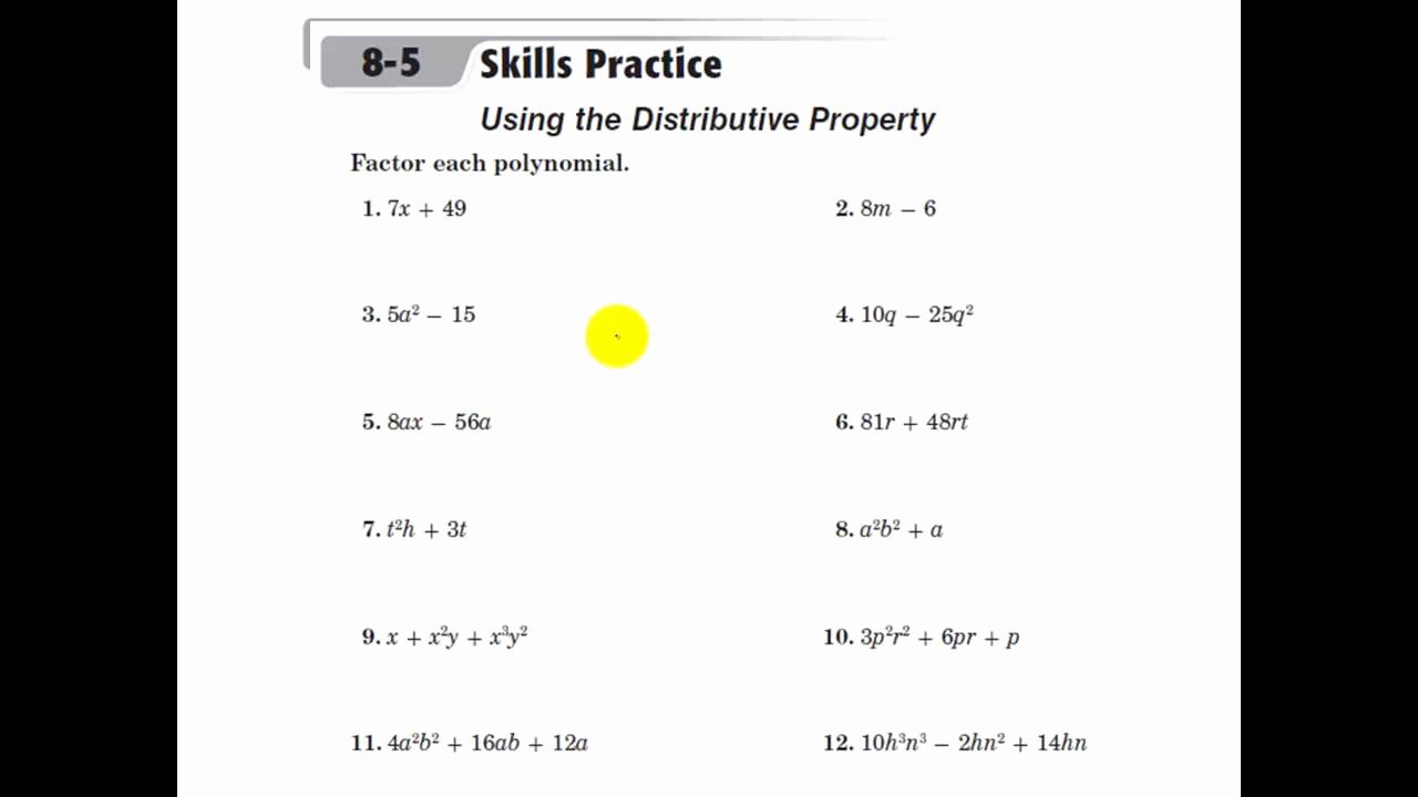 Factoring Distributive Property Worksheet Elegant Glencoe Algebra 1 Using the Distributive Property