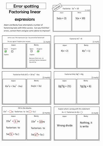 Factoring Linear Expressions Worksheet Awesome Factorise Linear Expressions Error Spotting by the1ash
