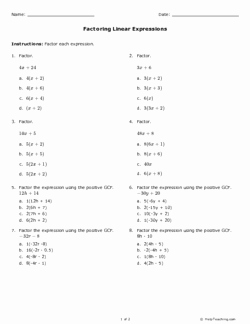 Factoring Linear Expressions Worksheet Luxury Factoring Linear Expressions Grade 7 Free Printable