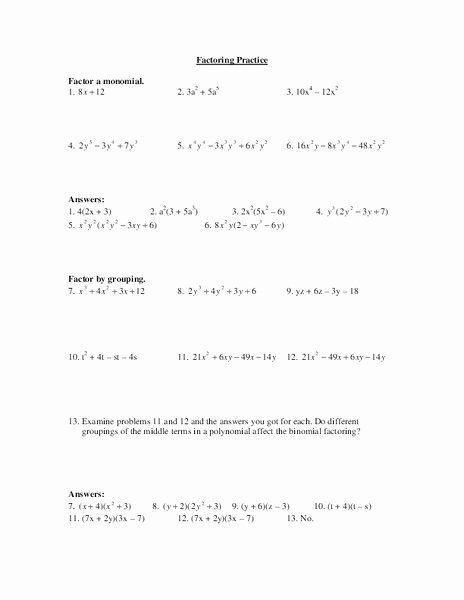 Factoring Practice Worksheet Answers Best Of Factoring Practice Worksheet for 9th 10th Grade
