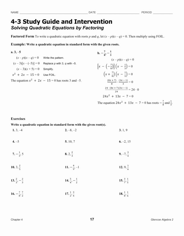 Factoring Practice Worksheet Answers Elegant 4 3 Skills Practice solving Quadratic Equations by