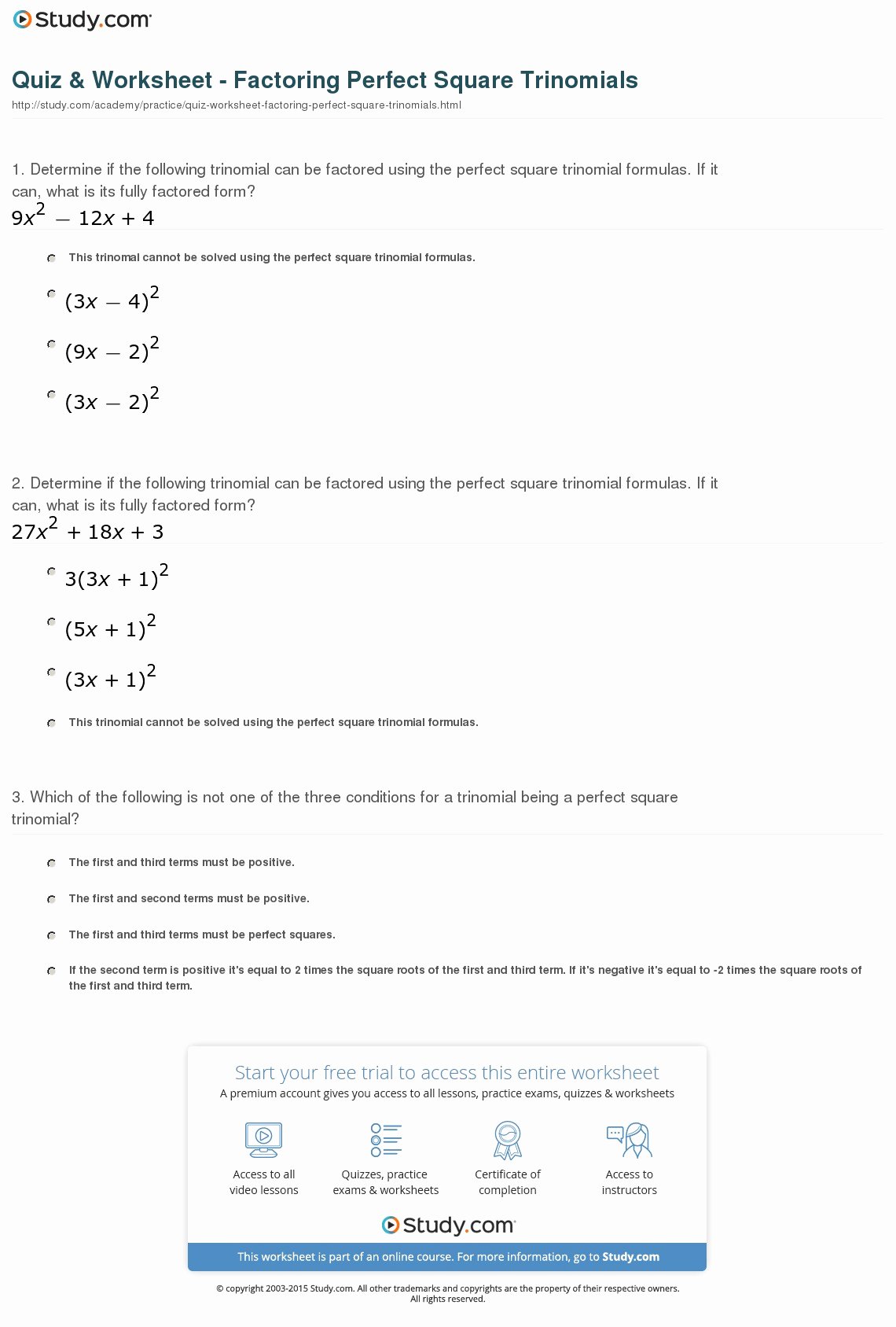 Factoring Practice Worksheet Answers Lovely Quiz &amp; Worksheet Factoring Perfect Square Trinomials