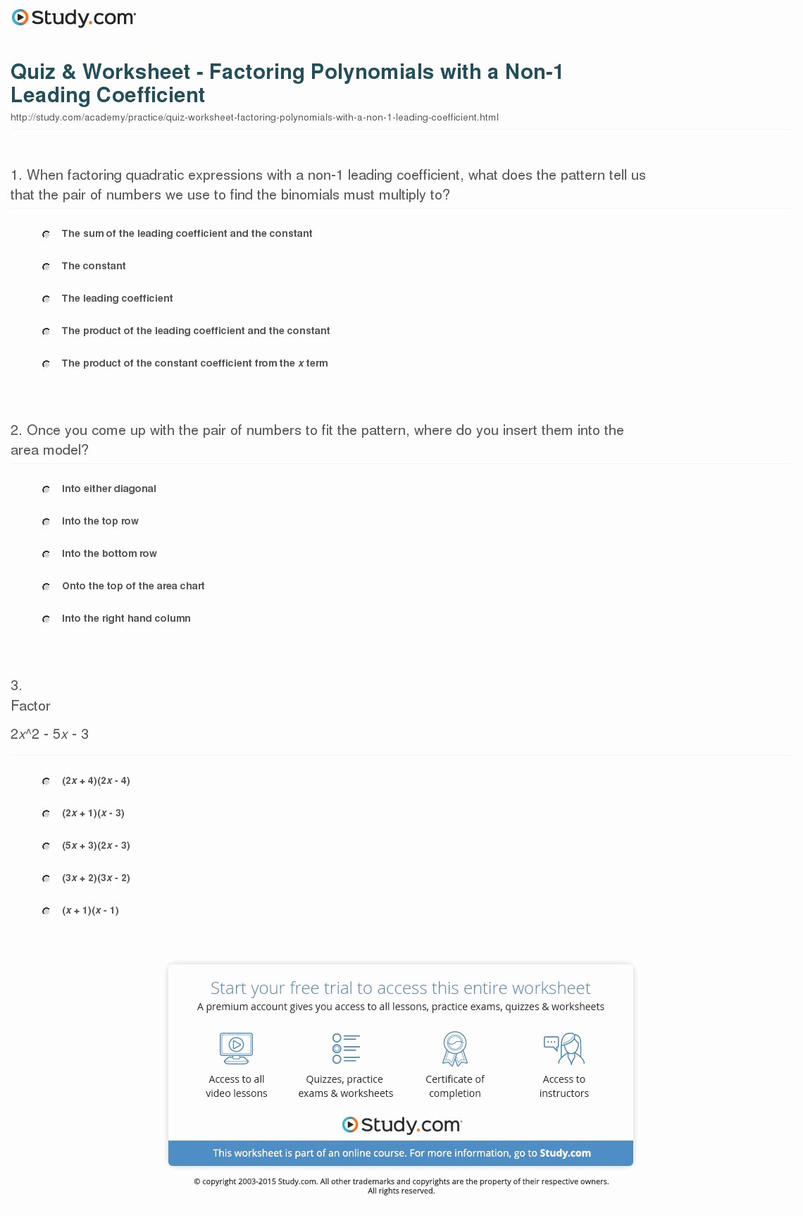 Factoring Practice Worksheet Answers Lovely Quiz &amp; Worksheet Factoring Polynomials with A Non 1