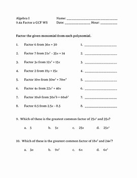Factoring Practice Worksheet Answers Luxury Algebra Factor A Gcf Polynomial Worksheet with Key by