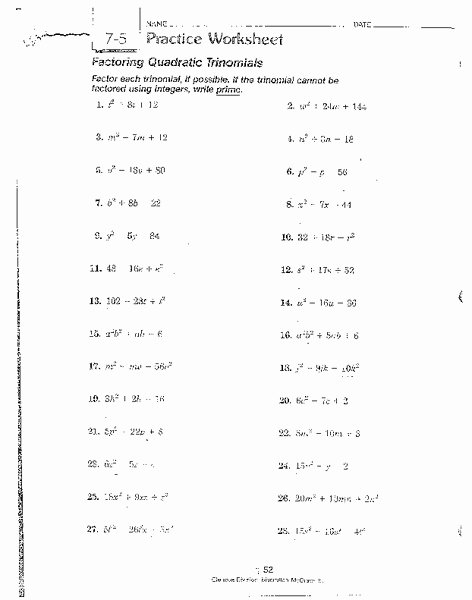 Factoring Quadratic Equations Worksheet Fresh Factoring Quadratic Trinomials Worksheet for 9th 10th