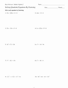 Factoring Quadratic Equations Worksheet Lovely solving Quadratic Equations by Factoring Worksheet for 9th