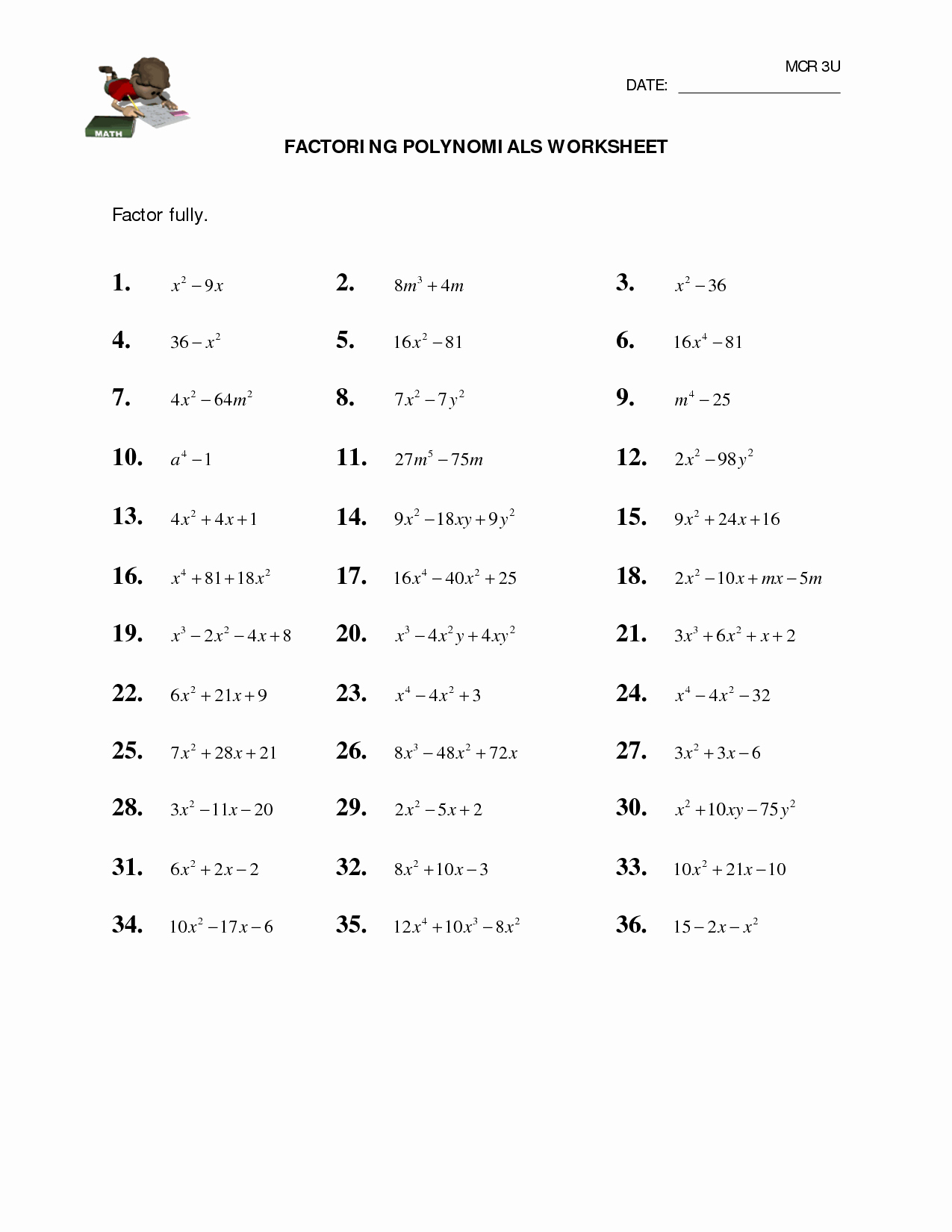 Factoring Quadratic Equations Worksheet Unique 10 Best Of Factoring Polynomials Practice Worksheet