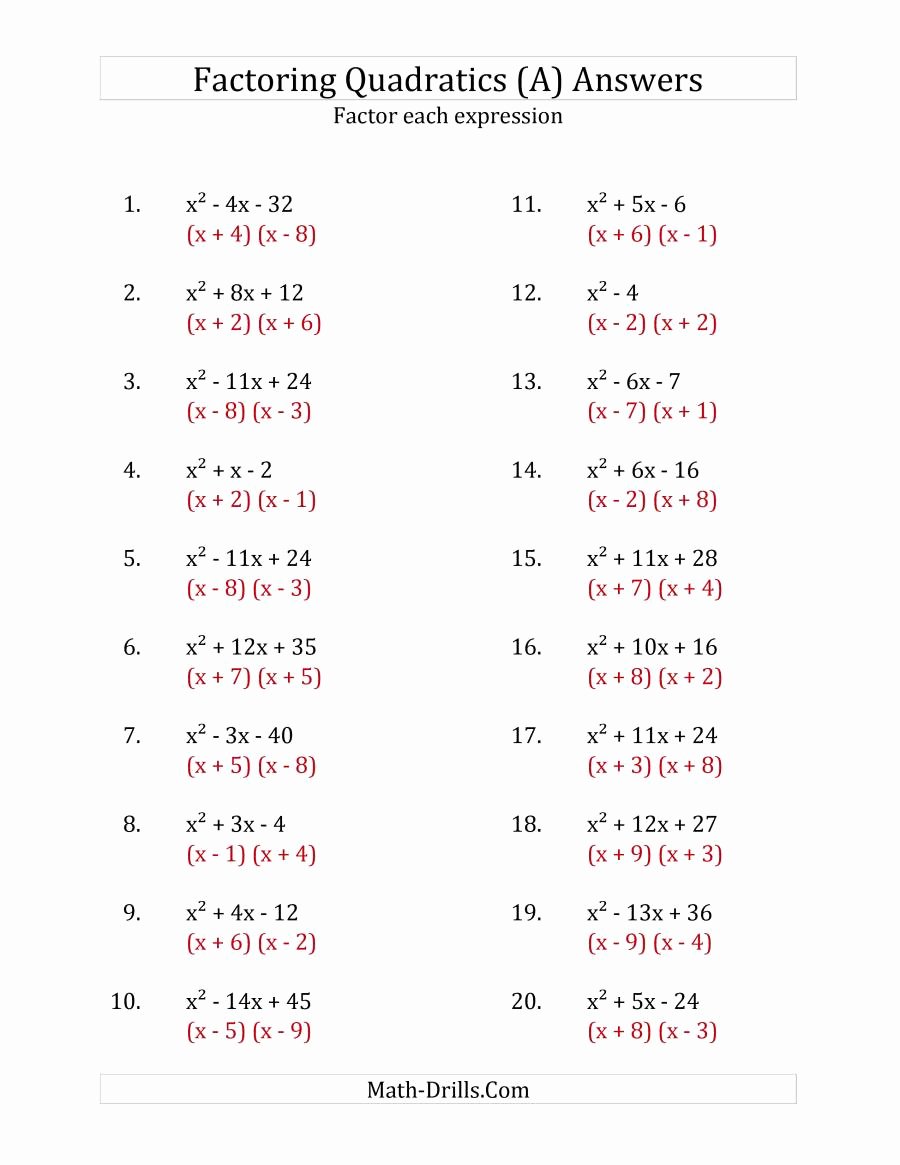 Factoring Quadratic Expressions Worksheet Answers Beautiful Factoring Quadratic Expressions with A Coefficients Of 1 A