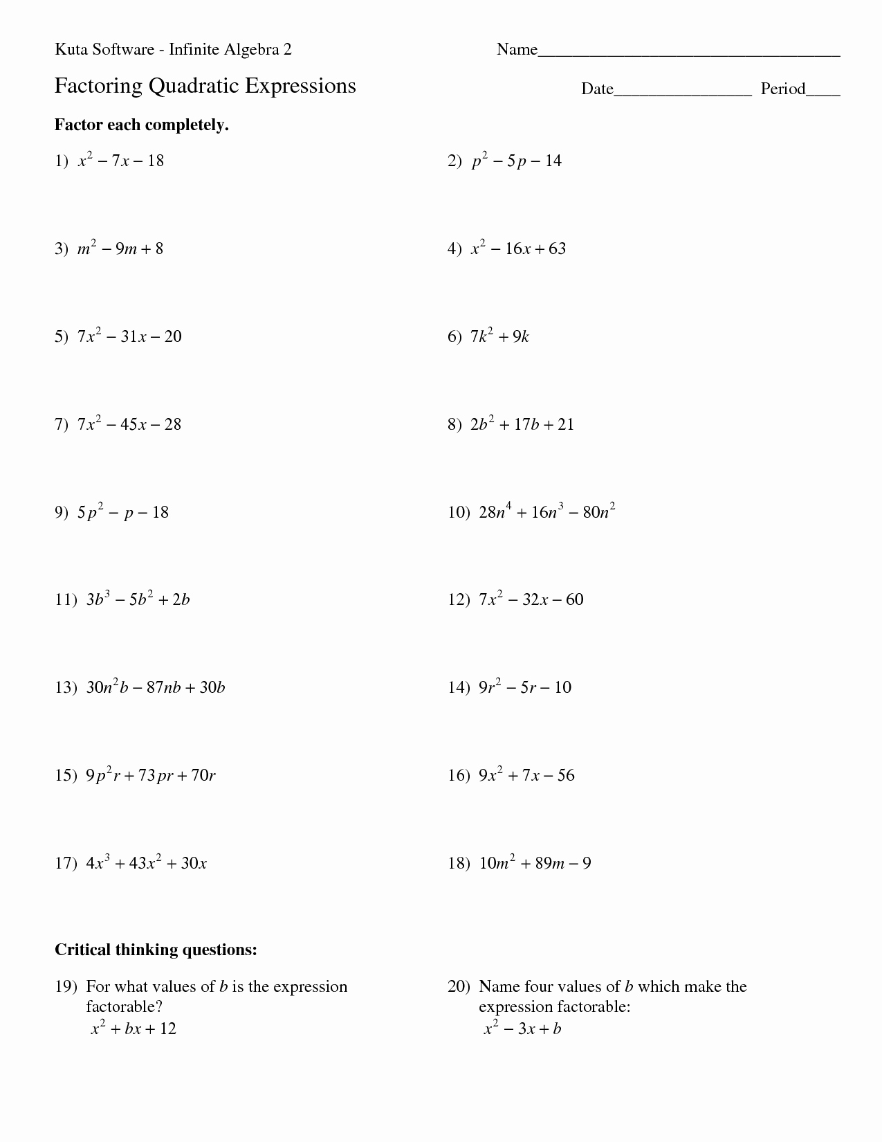 Factoring Quadratic Expressions Worksheet Answers Lovely 14 Best Of Kuta software Factoring Trinomials