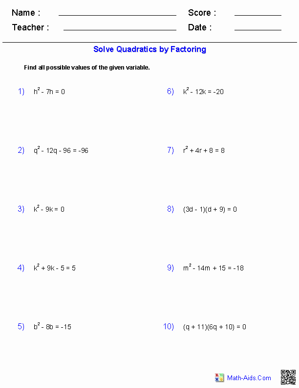 Factoring Quadratic Expressions Worksheet Answers Luxury Algebra 1 Worksheets