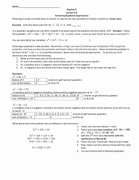 Factoring Quadratic Expressions Worksheet Answers New Factoring Quadratic Expressions Worksheet for 11th Grade