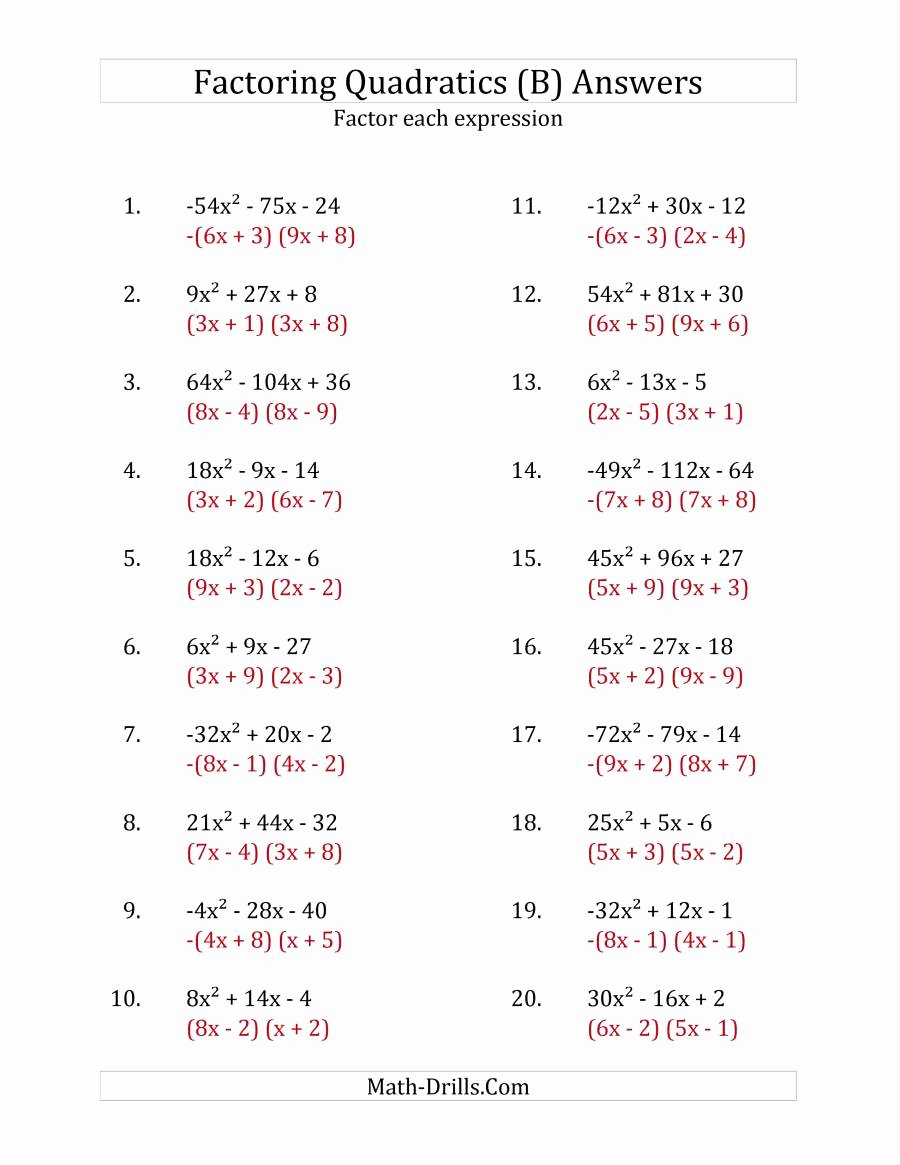 Factoring Quadratic Expressions Worksheet Awesome Factoring Quadratic Expressions with A Coefficients