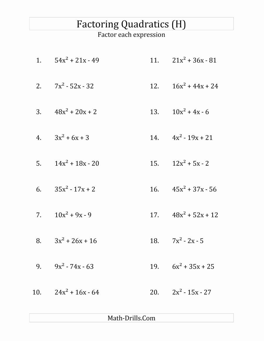 Factoring Quadratic Expressions Worksheet Best Of Factoring Quadratic Expressions with A Coefficients Up