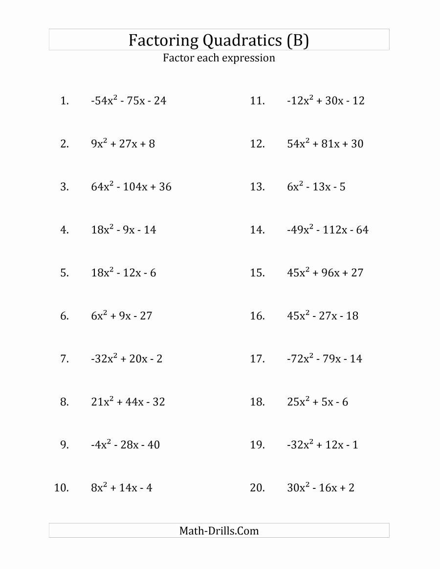 Factoring Quadratic Expressions Worksheet Inspirational Factoring Quadratic Expressions with A Coefficients