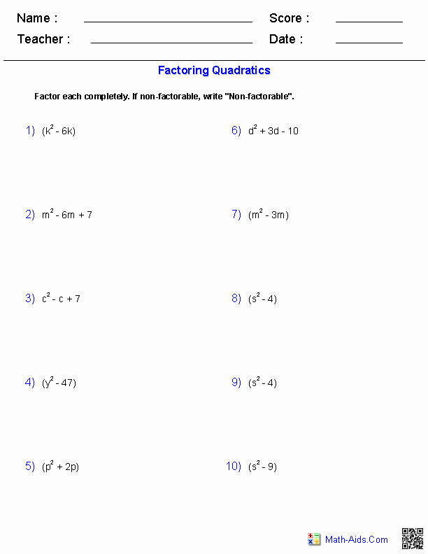 Factoring Quadratic Expressions Worksheet Unique Algebra 2 Worksheets