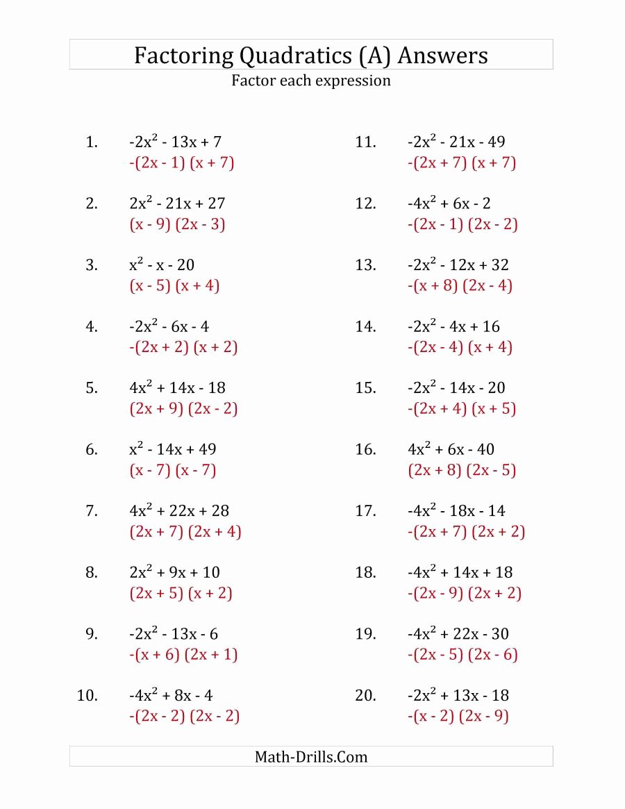 Factoring Quadratic Expressions Worksheet Unique Factoring Quadratic Expressions with A Coefficients