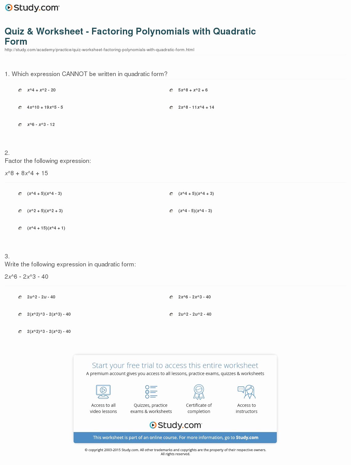 Factoring Quadratic Trinomials Worksheet Beautiful Quiz &amp; Worksheet Factoring Polynomials with Quadratic