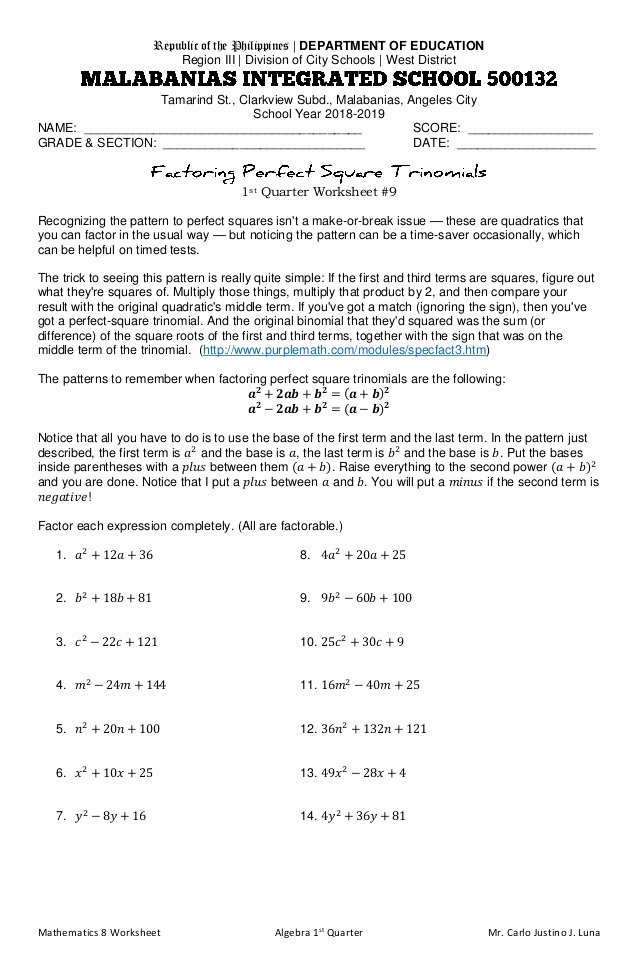 Factoring Quadratic Trinomials Worksheet Elegant Factoring Perfect Square Trinomials Worksheet