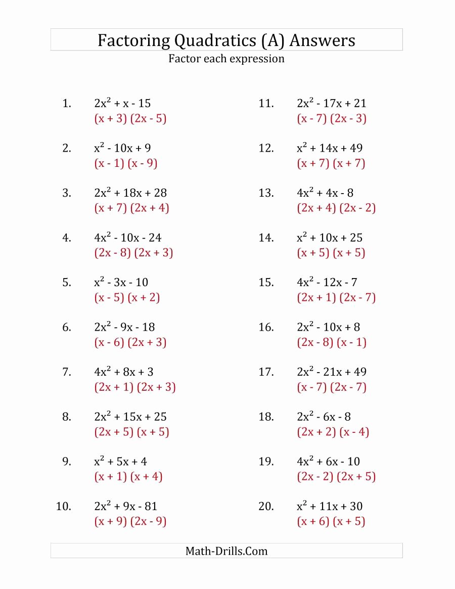 Factoring Quadratics Worksheet Answers Elegant Factoring Quadratic Expressions with A Coefficients Up