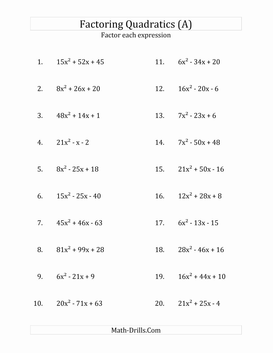 Factoring Special Cases Worksheet Beautiful Factoring Quadratic Expressions with A Coefficients Up to