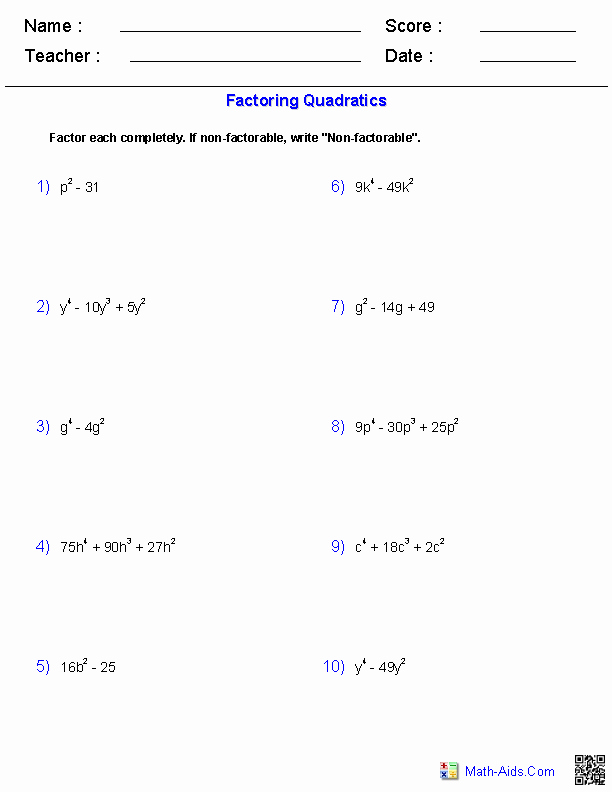 Factoring Special Cases Worksheet Best Of Algebra 1 Worksheets