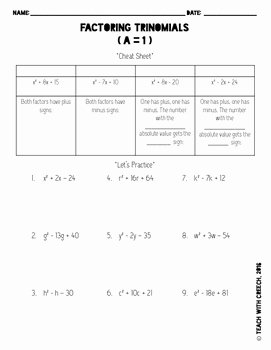 Factoring Trinomials Worksheet Answers Inspirational Factoring Trinomials A=1 Maze and Worksheet by Secondary