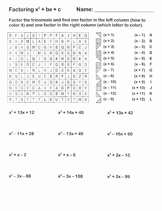 Factoring Trinomials Worksheet Answers Luxury Easy Factoring Search and Shade Algebra