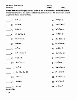 Factoring Trinomials Worksheet Pdf Inspirational Factoring Polynomials Matching Activity by Aes0403