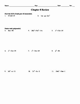 Factoring Trinomials Worksheet Pdf Lovely Holt Algebra Chapter 8 &quot;factoring Polynomials&quot; Review