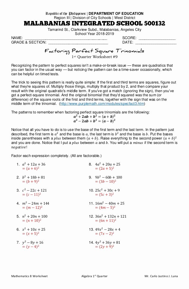 Factoring Trinomials Worksheet Pdf New Factoring Perfect Square Trinomials Worksheet