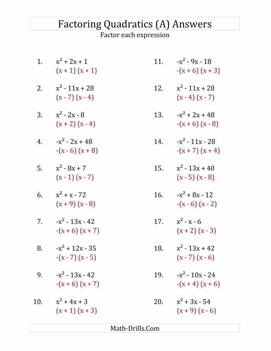 Factoring Worksheet Algebra 1 Luxury Factoring Quadratic Expressions with A Coefficients Of 1