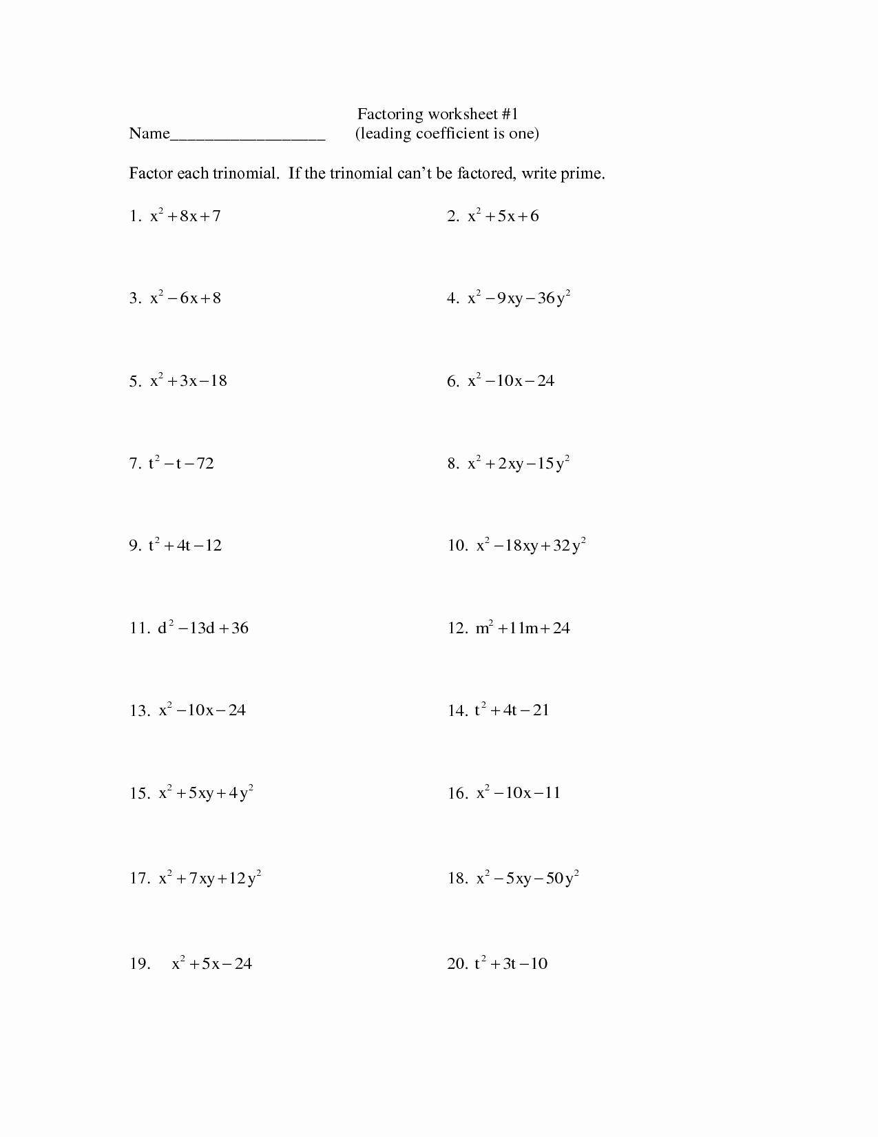 Factoring Worksheet Algebra 2 Inspirational 11 Best Of Factoring Worksheets Algebra Ii