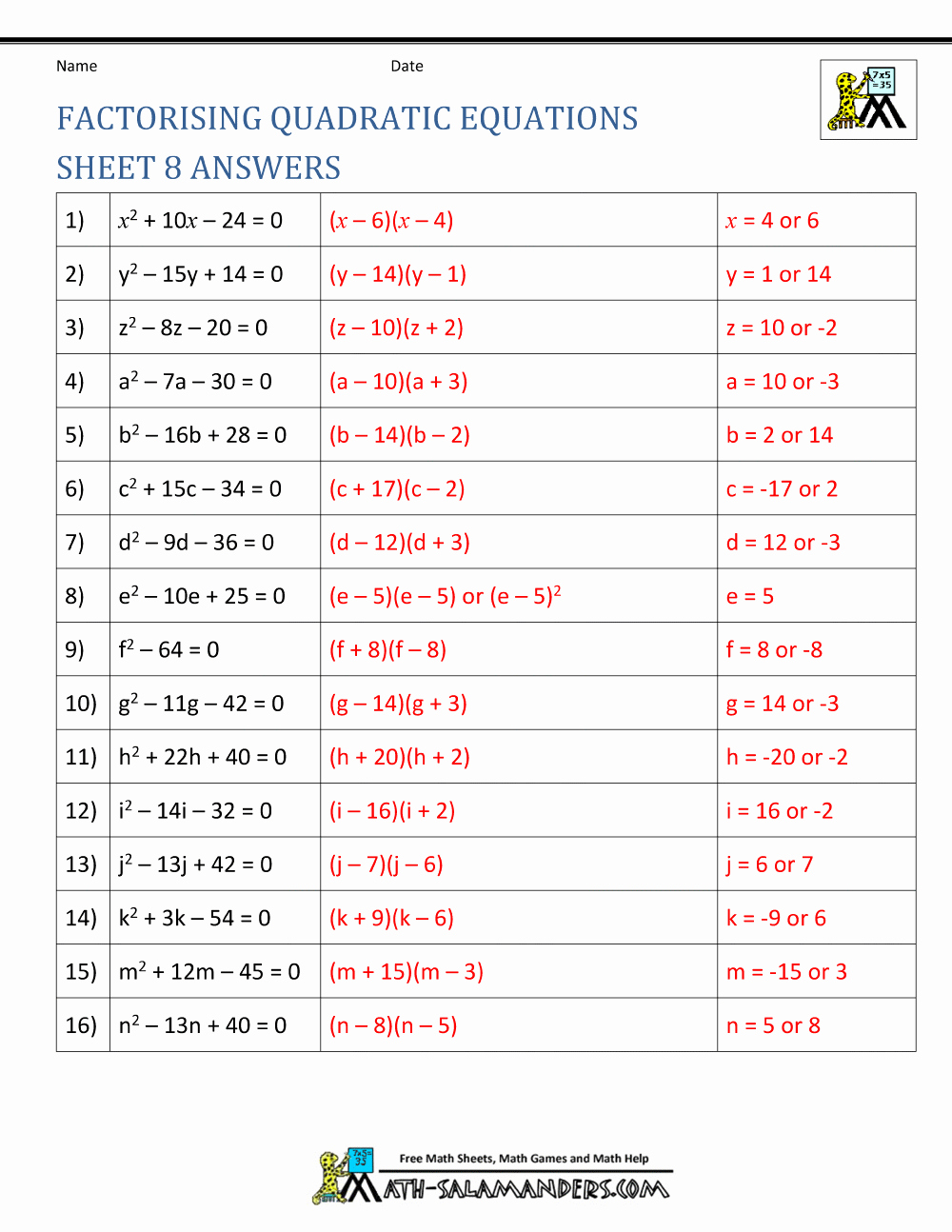 Factoring Worksheet with Answers New Factoring Quadratic Equations