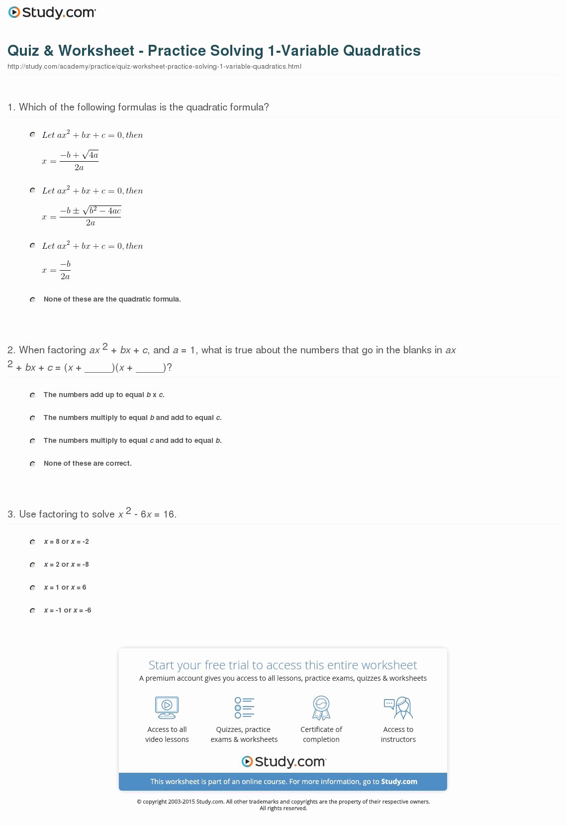 Factoring X2 Bx C Worksheet Unique Quiz &amp; Worksheet Practice solving 1 Variable Quadratics