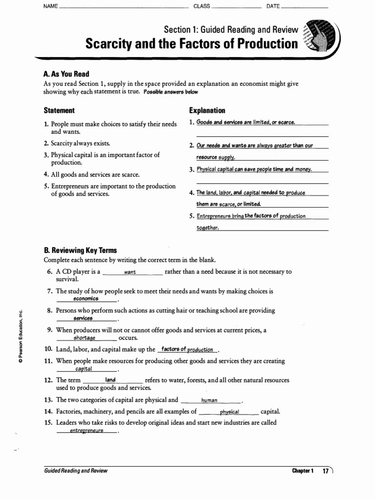 Factors Of Production Worksheet Answers Lovely Chapter 1 What is Economics Worksheet Answers