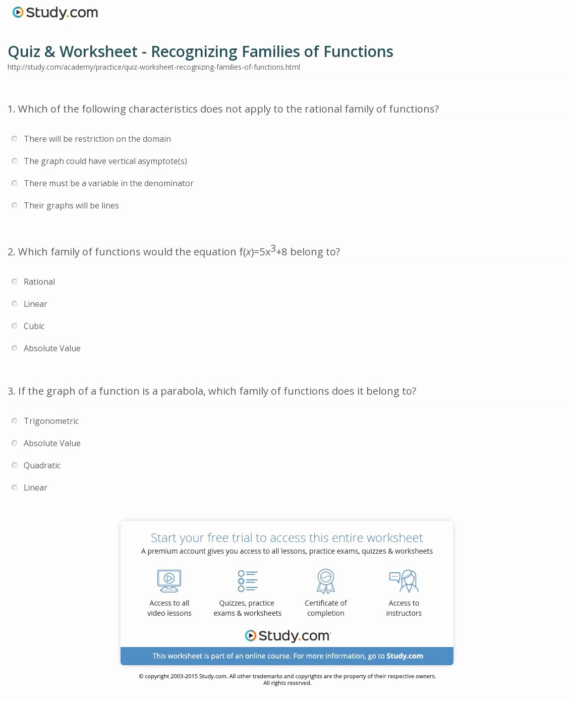 50 Families Of Functions Worksheet