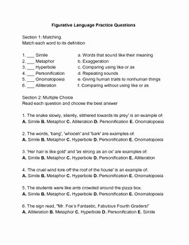 Figurative Language Review Worksheet Beautiful Figurative Language Quiz Matching Multiple Choice