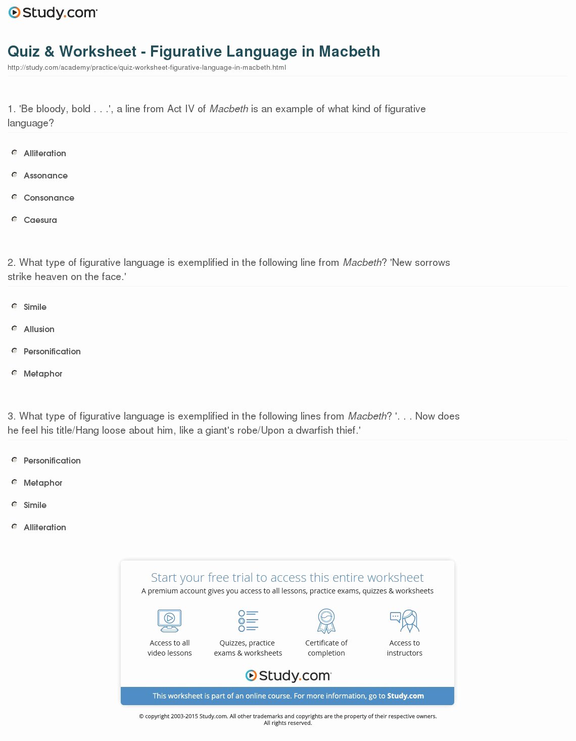 Figurative Language Review Worksheet Fresh Quiz &amp; Worksheet Figurative Language In Macbeth