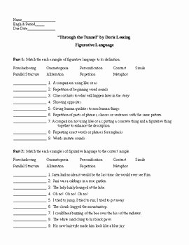 Figurative Language Review Worksheet Fresh Through the Tunnel by Doris Lessing Figurative Language