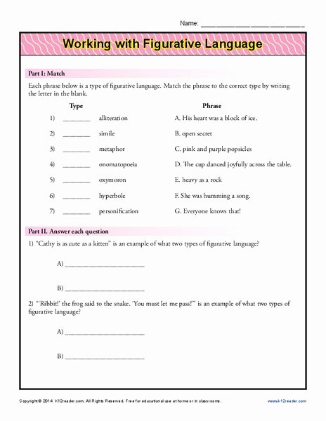 Figurative Language Worksheet 2 Answers Beautiful Reading Literature 7th Grade Ela Mon Core Collection