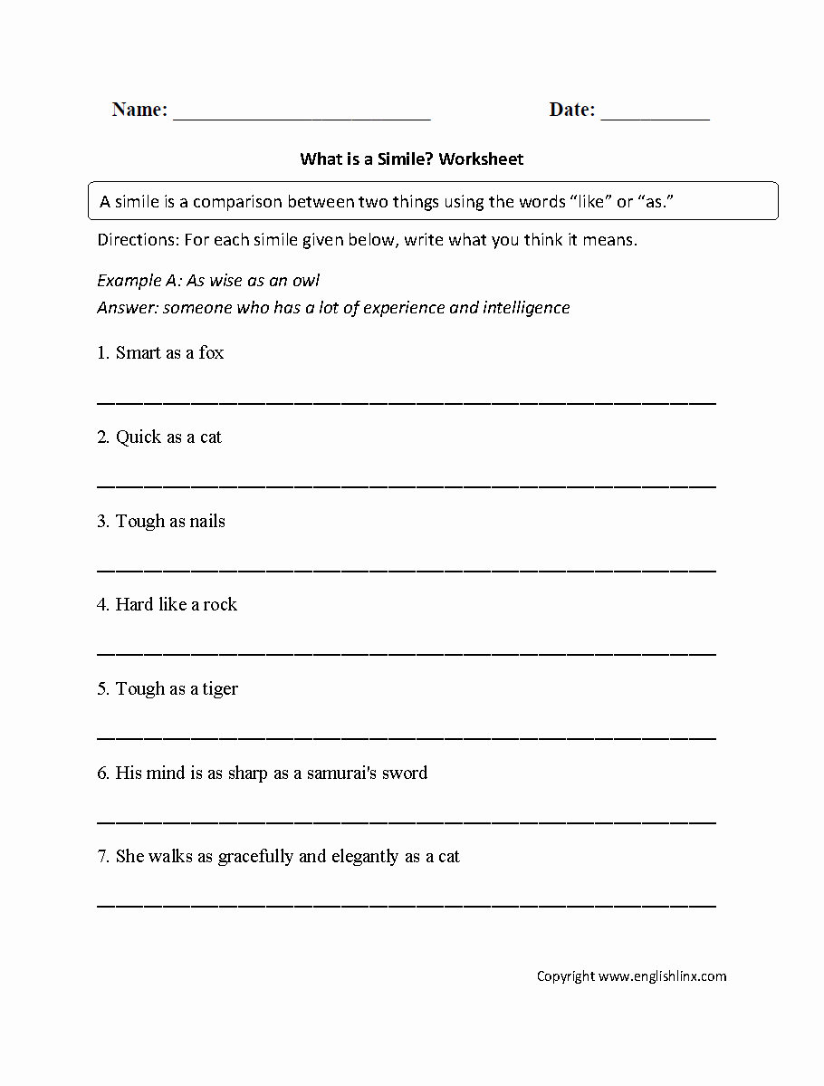 Figurative Language Worksheet 2 Answers Best Of 15 Best Of Figurative Language Worksheets 2nd Grade