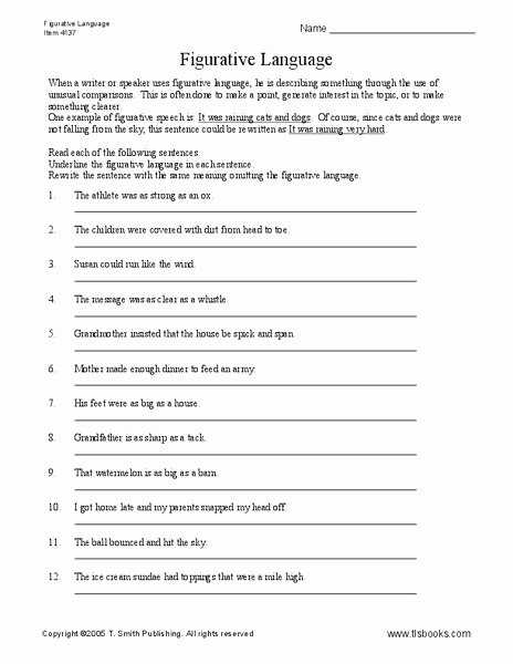 Figurative Language Worksheet 2 Answers Best Of Figurative Language Worksheet for 6th 7th Grade