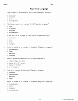 Figurative Language Worksheet 2 Answers Elegant Figurative Language Grade 8 Free Printable Tests and