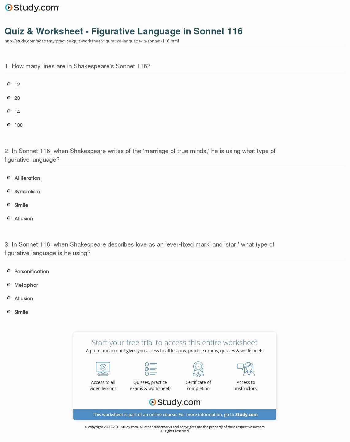 Figurative Language Worksheet 2 Answers Elegant Quiz &amp; Worksheet Figurative Language In sonnet 116