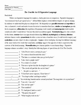 Figurative Language Worksheet 2 Answers Fresh the Crucible Act Ii Figurative Language &amp; Key 40 Q by