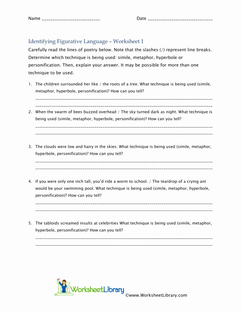 Figurative Language Worksheet 2 Answers Inspirational Identifying Figurative Language – Worksheet 1